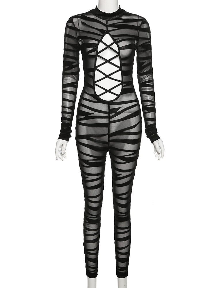 Striped Mesh Bandage Baddie Jumpsuits