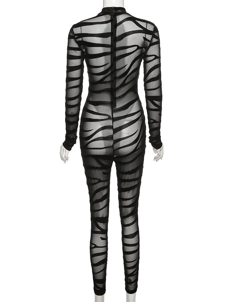 Striped Mesh Bandage Baddie Jumpsuits