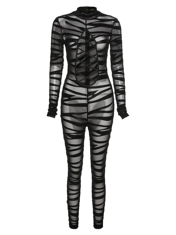 Striped Mesh Bandage Baddie Jumpsuits