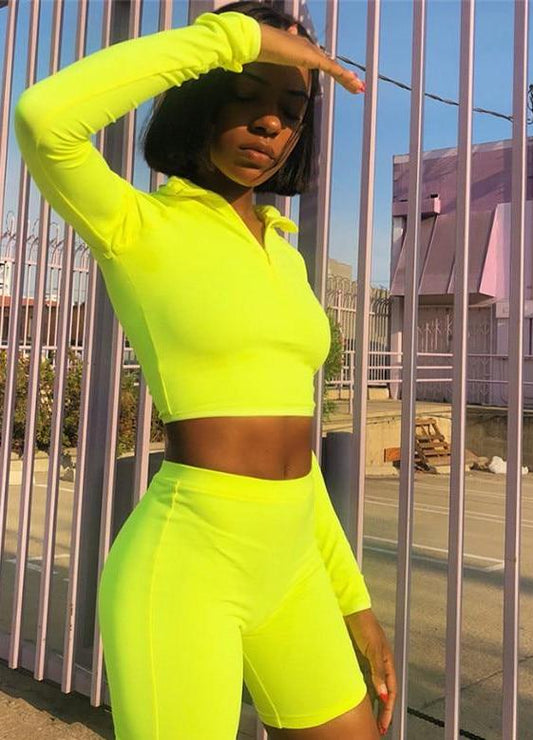 Fluorescence Long Sleeve Zipper Turtleneck Top And High Waist Shorts Sets