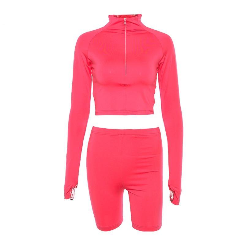 Fluorescence Long Sleeve Zipper Turtleneck Top And High Waist Shorts Sets