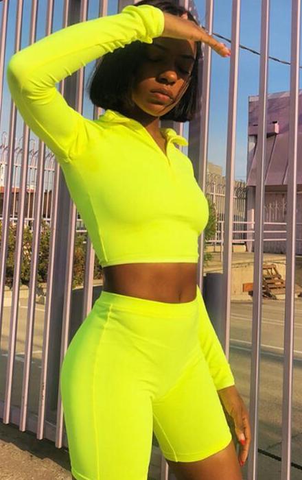 Fluorescence Long Sleeve Zipper Turtleneck Top And High Waist Shorts Sets