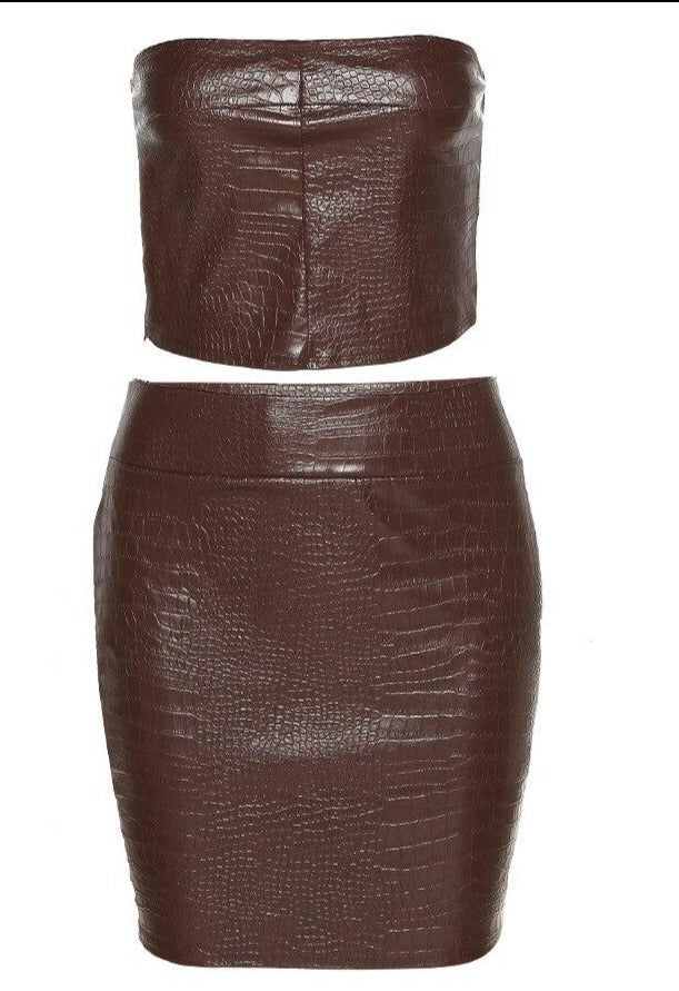 PU Leather  Zipper Tank Top+Mini Skirts