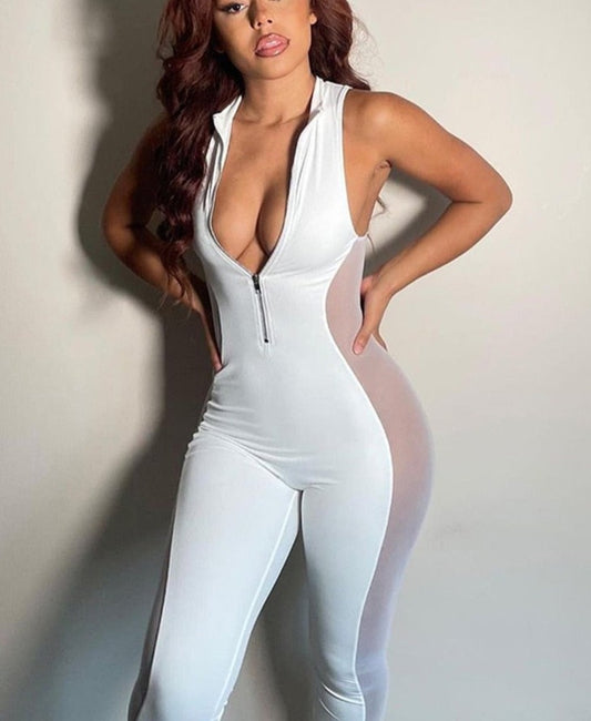 Sleeveless Deep Zip Side Mesh Jumpsuits