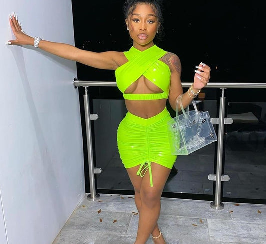 Criss Cross Crop Top + Drawstring Bodycon Skirts