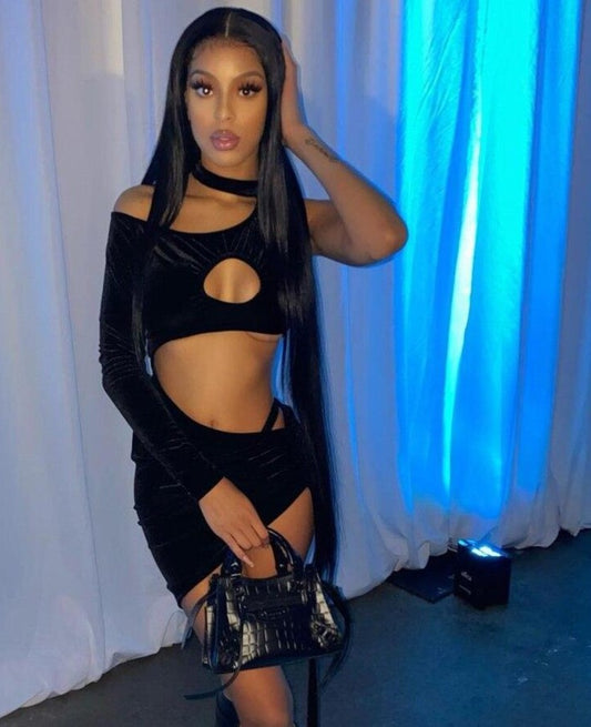 Velvet Hollow Single Shoulder Mini Dresses