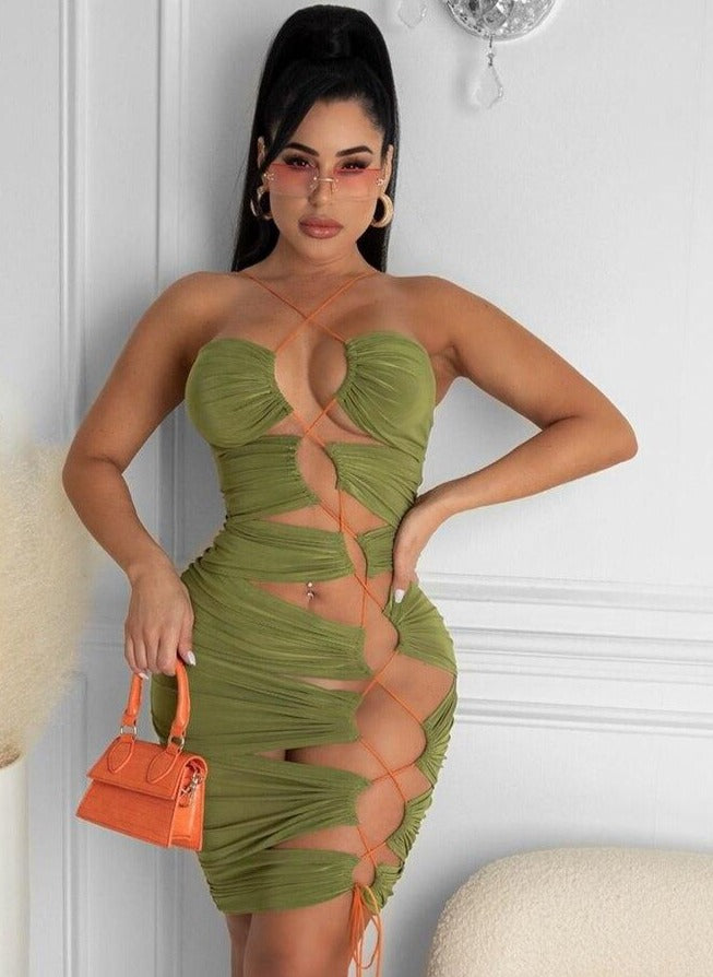 Full Hollow Bandage Drawstring Halter Mini Dresses