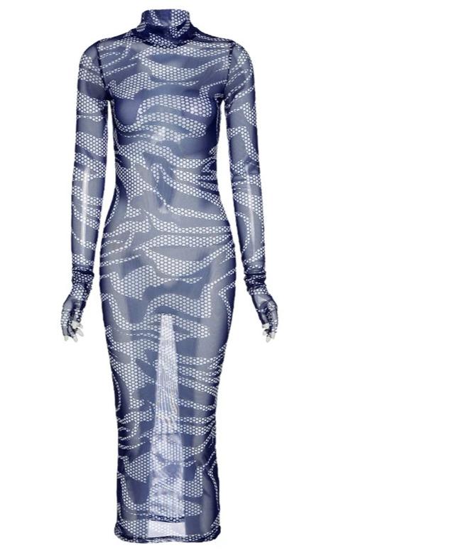 Blue Print Mesh Hollow Turtleneck Maxi Dress