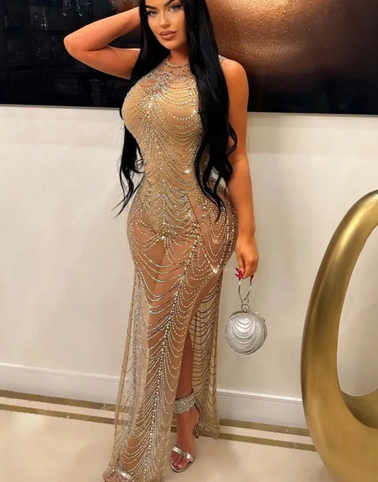 Mesh High Slit Sleeveless Dresses