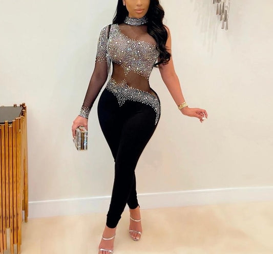 Crystal Diamond One Sleeve Jumpsuit