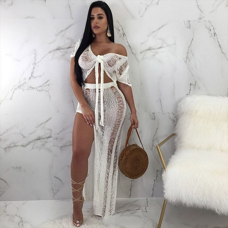 Netted Hollow Out Side Slit 2 Pcs Dresses