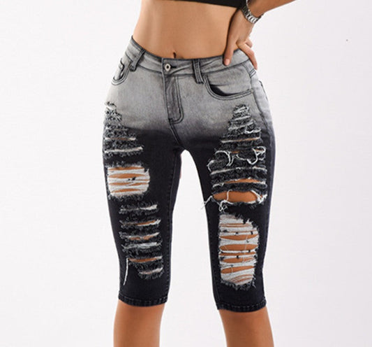 Knee Length Ripped Moto Jean Shorts