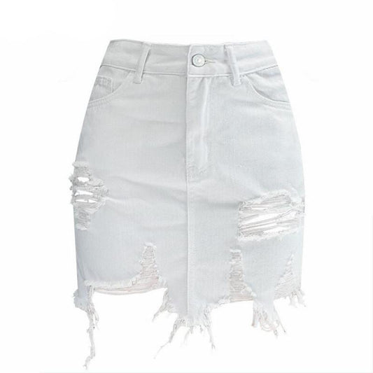 White HIGH WAIST RIPPED DENIM SKIRTS
