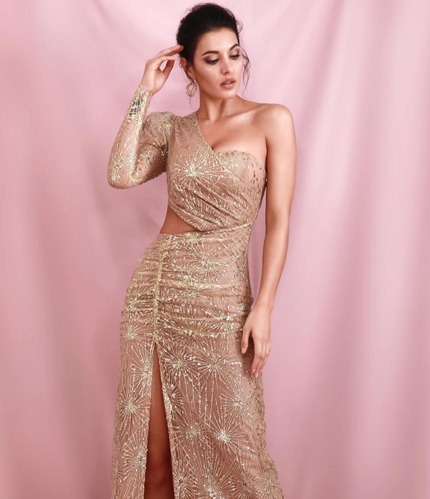 GOLD Glitter One Bare Shoulder Cut Out Split Lattice  Maxi Dress