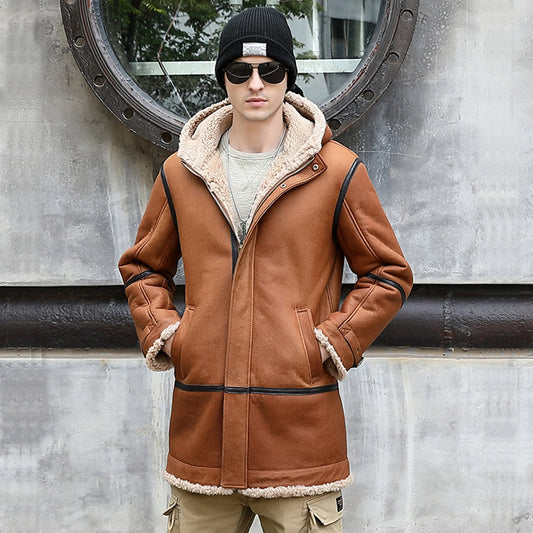 Genuine Leather Real Shearling Fur Hooded Midi Coats