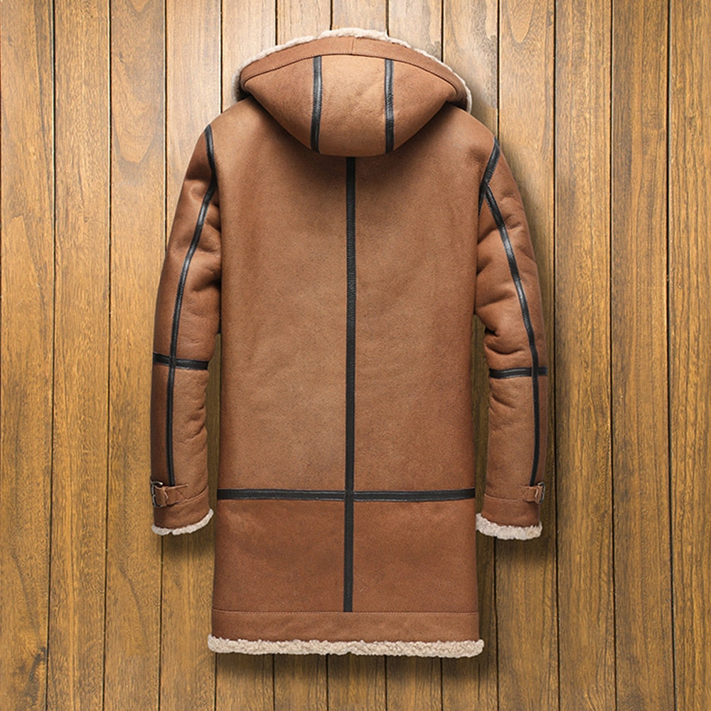 Genuine Leather Real Shearling Fur Hooded Midi Coats