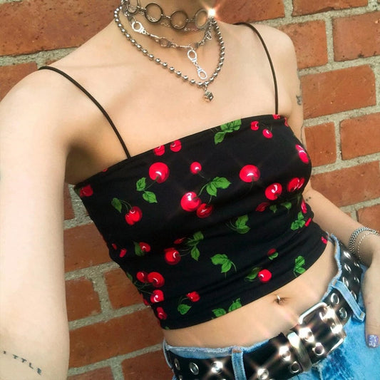 Cherry Print Spaghetti Strap Crop Top