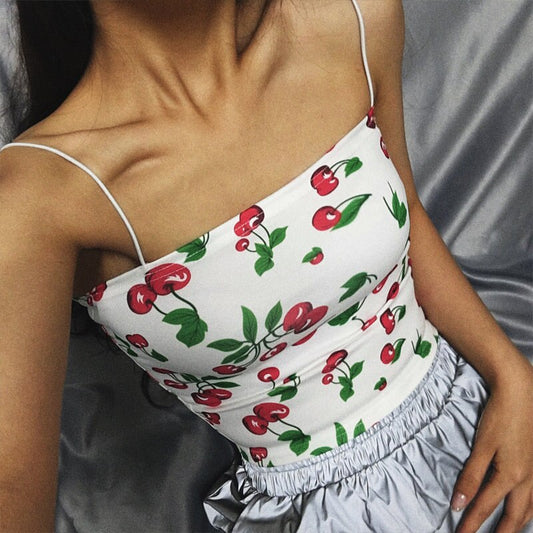 Cherry Print Spaghetti Strap Crop Top