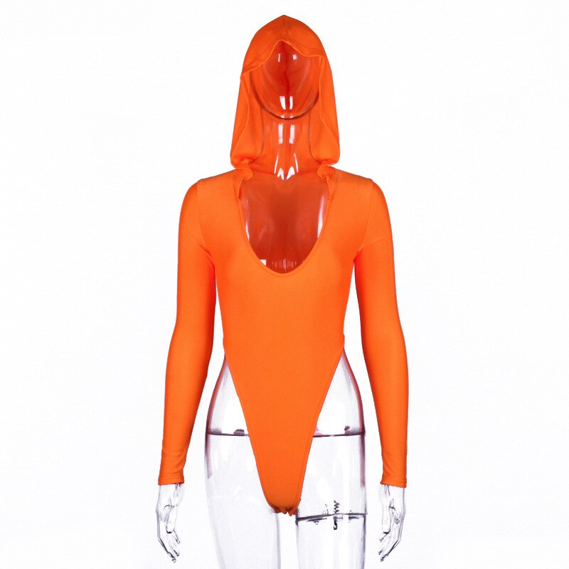 Deep V Long Sleeve Hooded High Waist Bodysuit