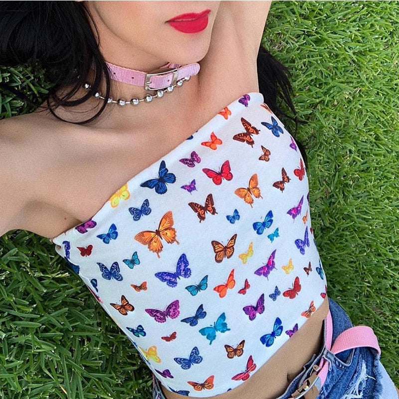 Multi-color Butterfly Print Strapless Tube Tops