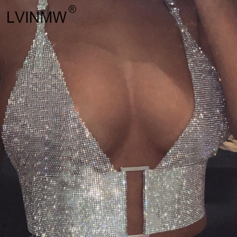 Shiny Reflective Halter Deep V Crop Top