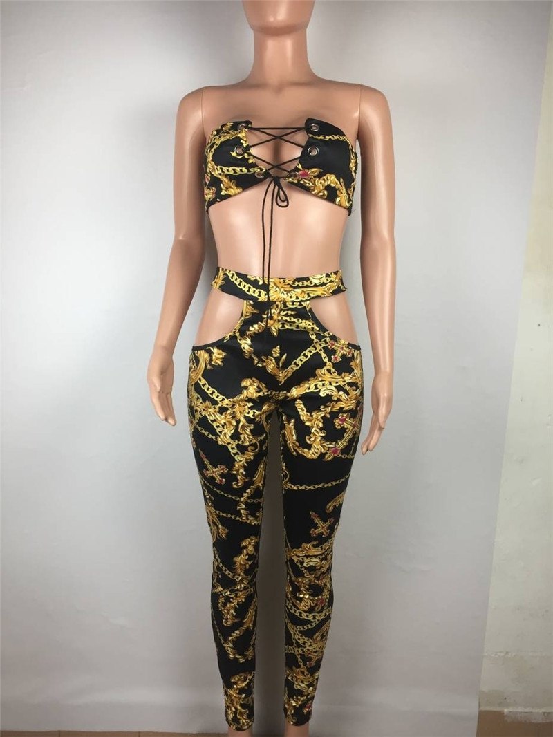Print Strapless Side Hollow Out Jumpsuits