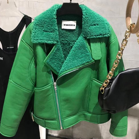 Green Genuine Leather Shearling Moto Jacket