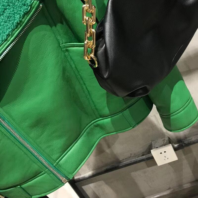 Green Genuine Leather Shearling Moto Jacket