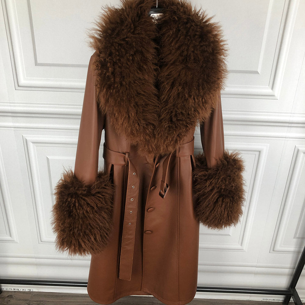Genuine Leather Trench Coats Fur Collar & Cuffs