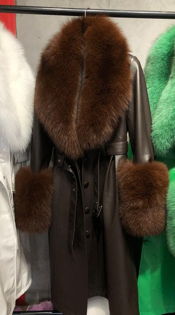 Genuine Leather Trench Coats Fur Collar & Cuffs