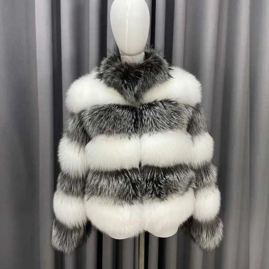Two Tone Pattern Real Fur Coats Short