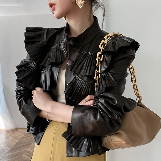 Genuine Leather Ruffle Jacket