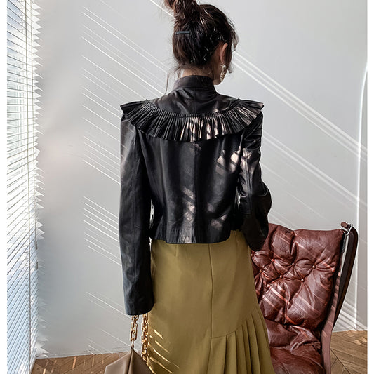 Genuine Leather Ruffle Jacket