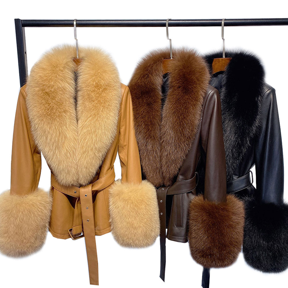 Genuine Leather Big Fur Collar & Cuff Jackets