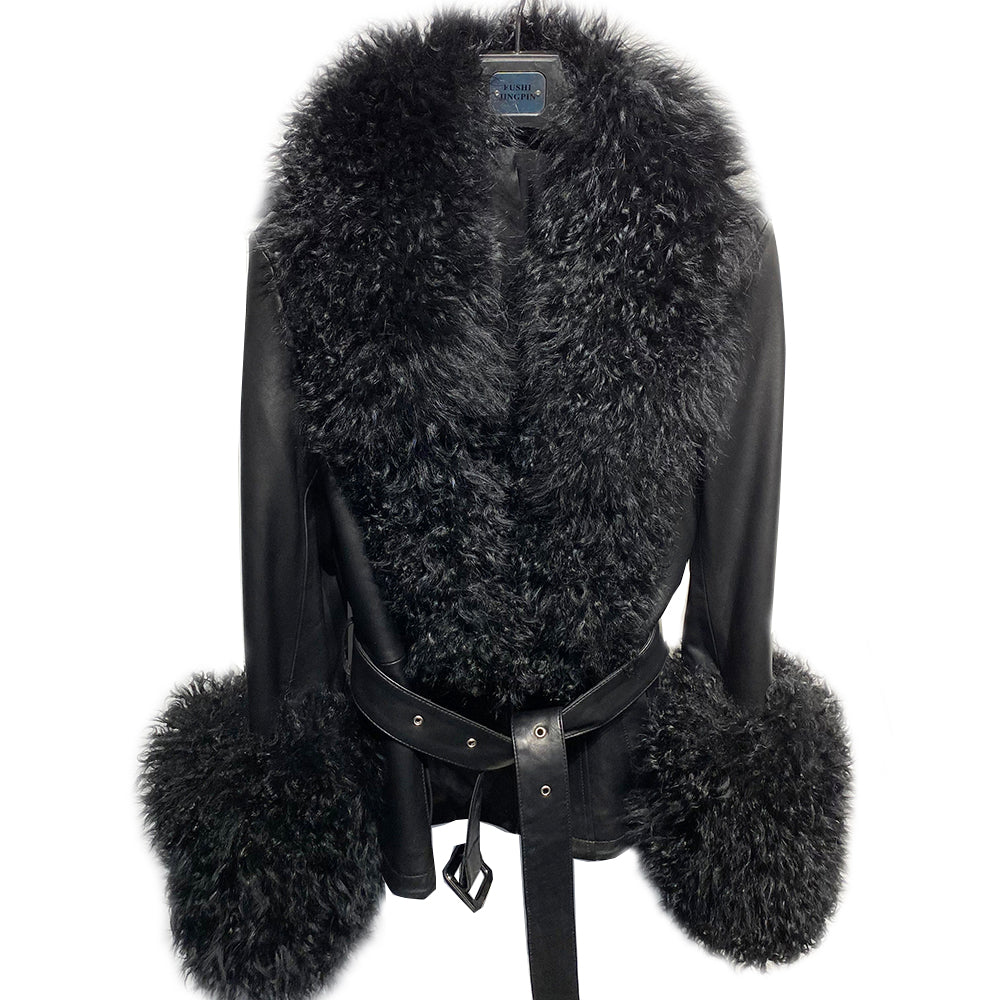 Genuine Leather Big Fur Collar & Cuff Jackets