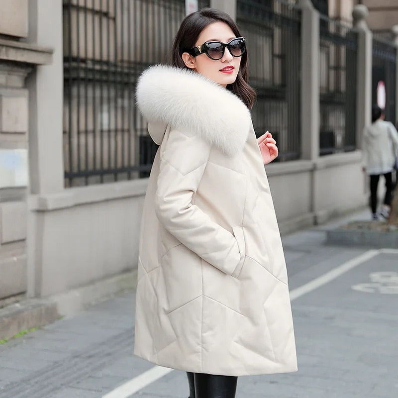 Genuine Leather Down Coat Real Fur Hood