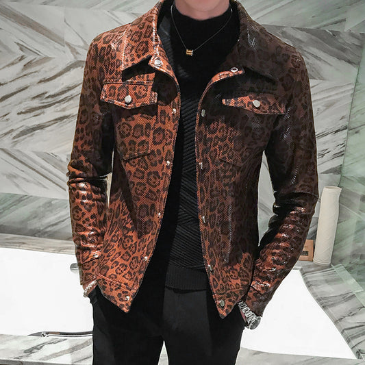 Leopard Print Slim Pu Leather Jackets