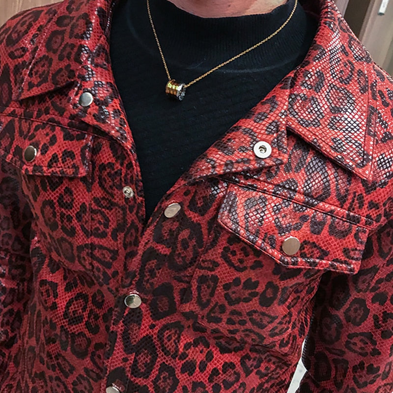 Leopard Print Slim Pu Leather Jackets