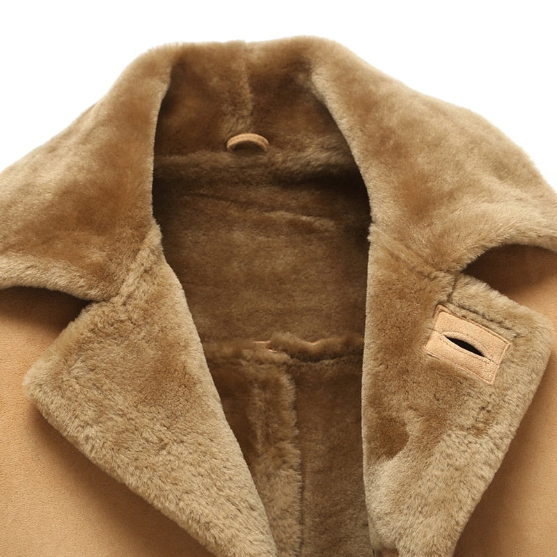 Genuine Leather Shearling Lining/Side Trim Slim Mid Coat