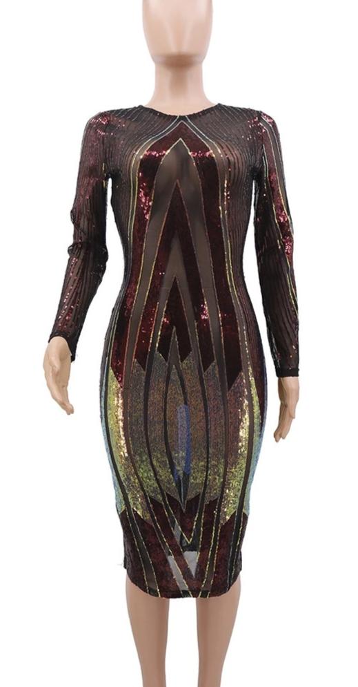 Mesh Sequin Design Long Sleeve O Neck Bodycon Midi Dress