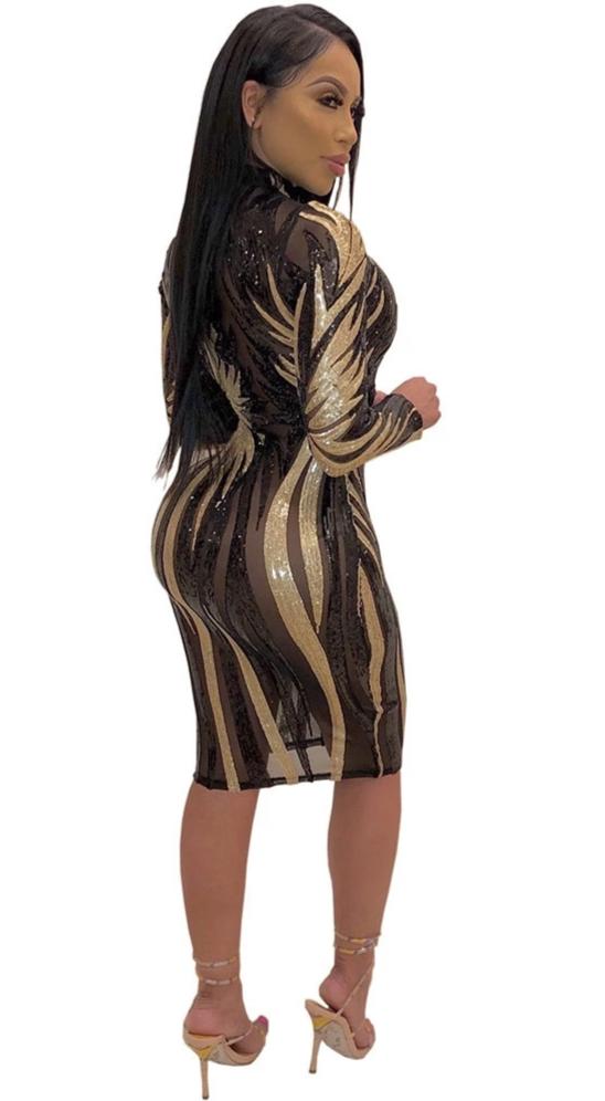 Mesh See Through Sequin Long Sleeve Bodycon Midi Dresses