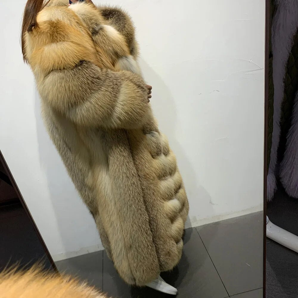 Stripe Big Collar X-Long Real Fox Fur Coat