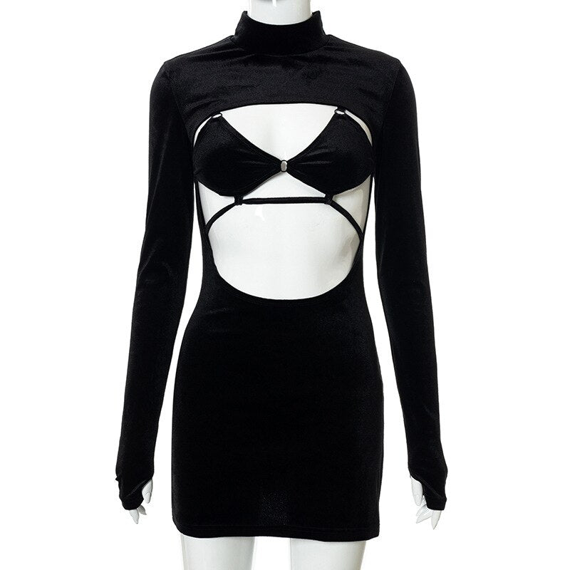 Long Sleeve Hollow Bandage Bra Split Macro Dress