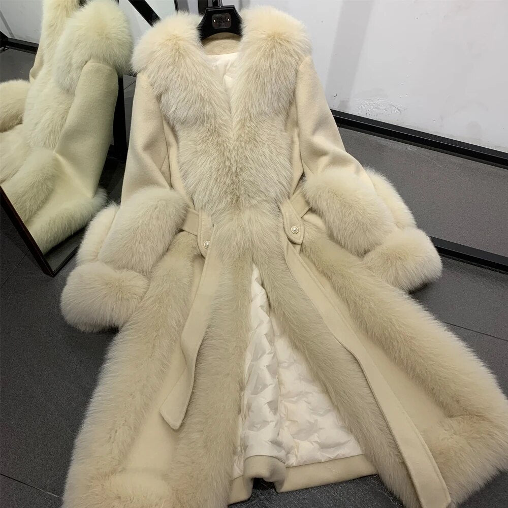 Long Wool Coats Real Fox Fur Trim Collar & Cuffs