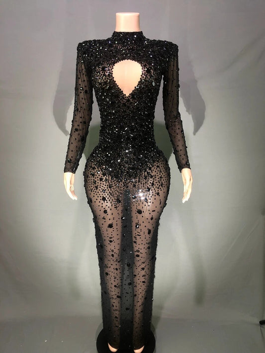 Rhinestones Hollow V Mesh Long Dresses
