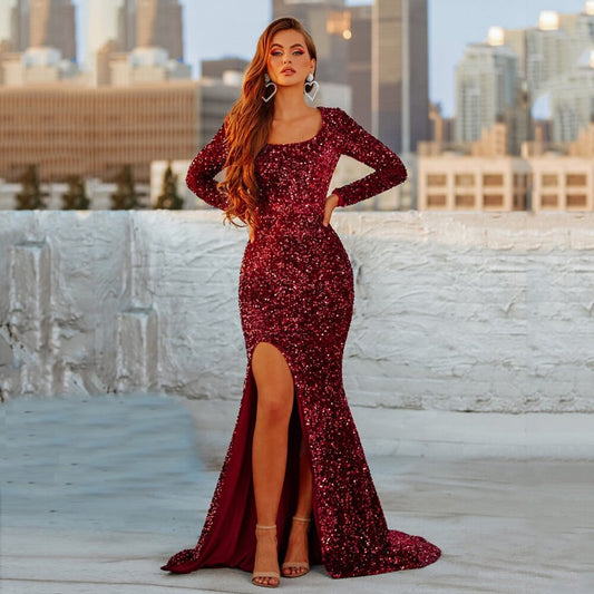 Burgundy Long Sleeve Sequin Floor-Length Dress