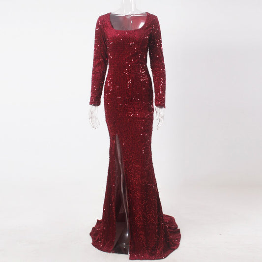 Burgundy Long Sleeve Sequin Floor-Length Dress