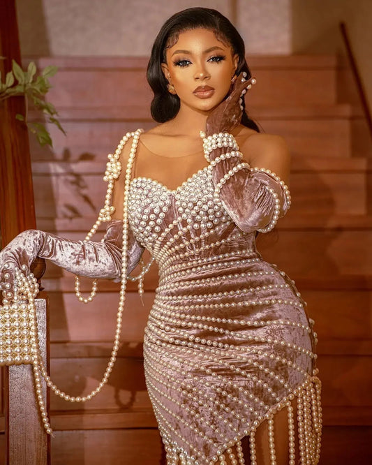 Pearl Beads Long Sleeve Glove Dress