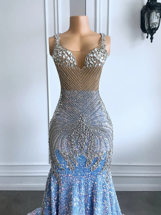 Sparkly Crystals Sleeveless Mermaid Gowns