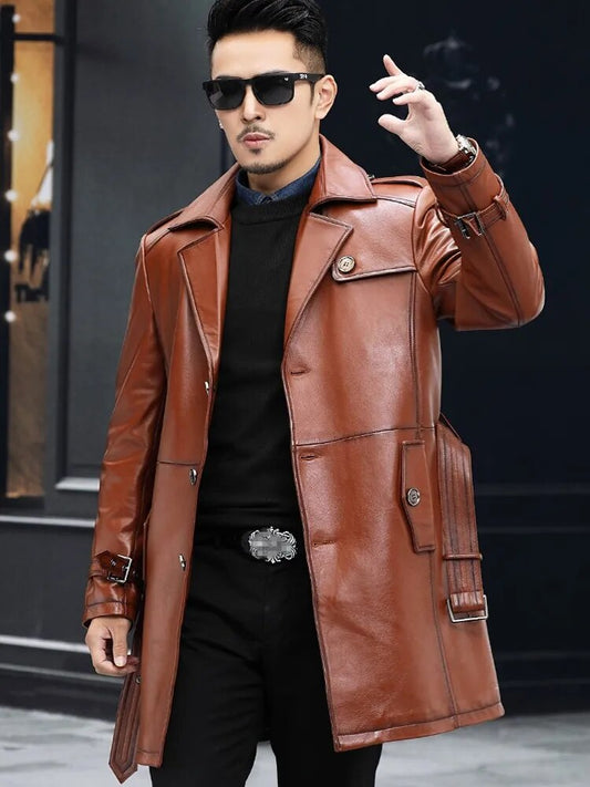 Genuine Leather Trench Coats Single Breasted